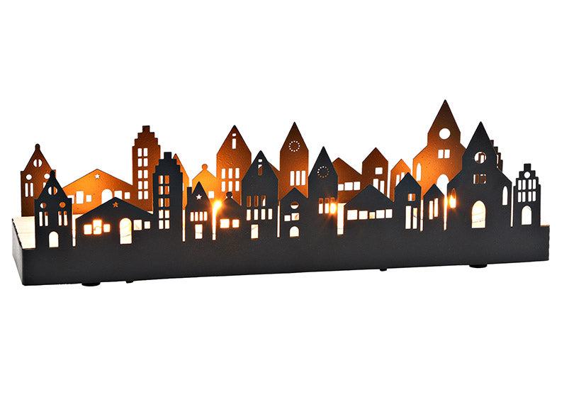 Teelichthalter 4er Haus aus Metall, Holz schwarz (B/H/T) 19x8x8cm