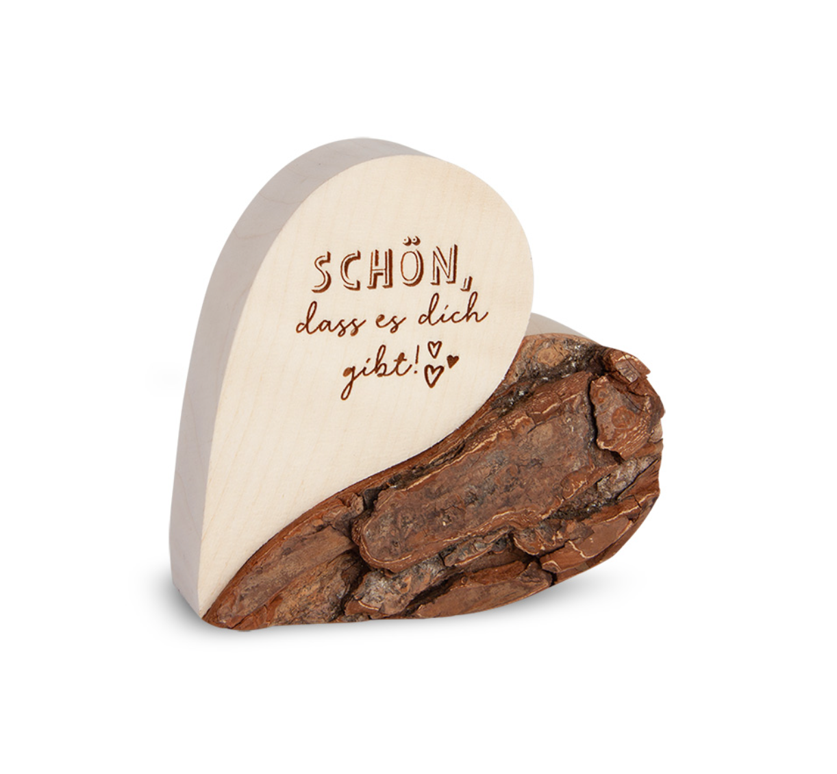 Rindenherz mit Spruch, "schön ,dass es dich gibt", H 7cm B 7cm T 2cm