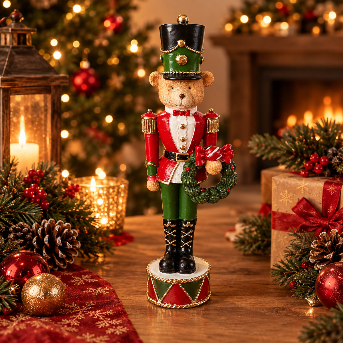 Nussknacker Teddybär 30 cm – Weihnachtsdeko mit Tannenkranz in Rot und Grün