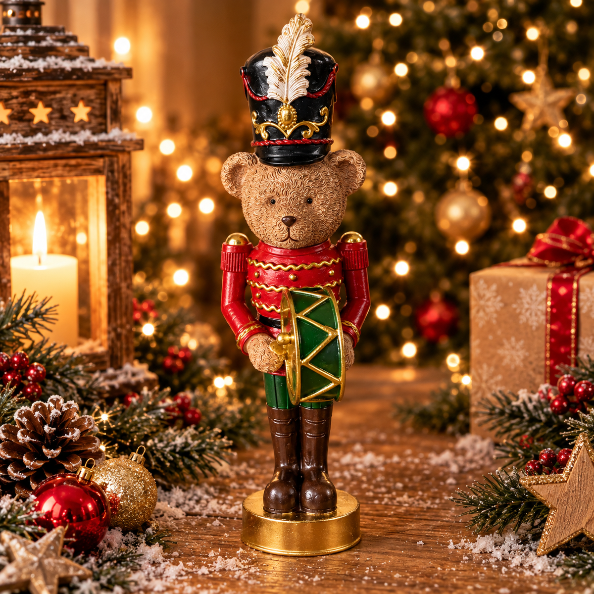 Nussknacker Teddybär 24 cm – Weihnachtsdeko in Rot, Grün & Gold