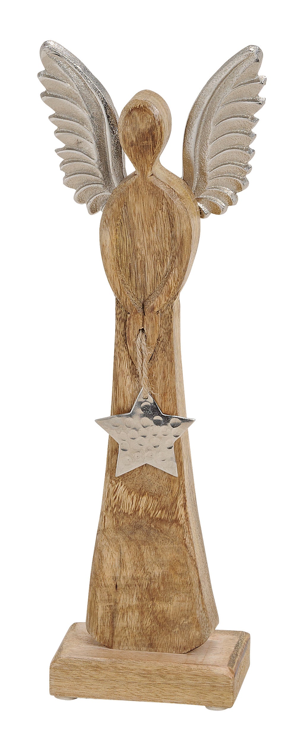 Engel aus Mango Holz mit Metall Flügeln Stern Anhänger Braun, silber (B/H/T) 12x34x6cm
