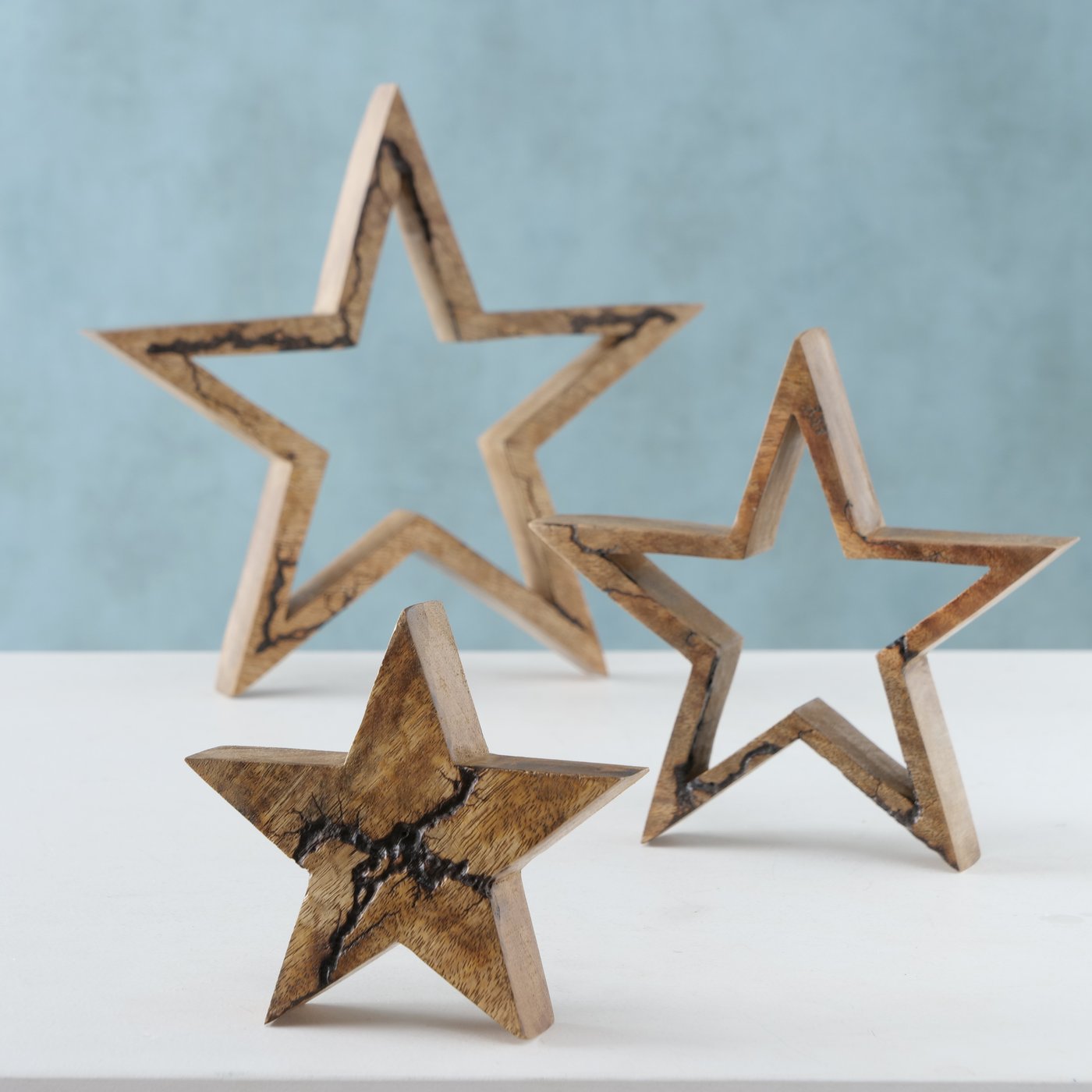 Dekoaufsteller Percha, Sterne aus Mangoholz, 3teilig, ideal zur Weihnachts- und Adventsdeko
