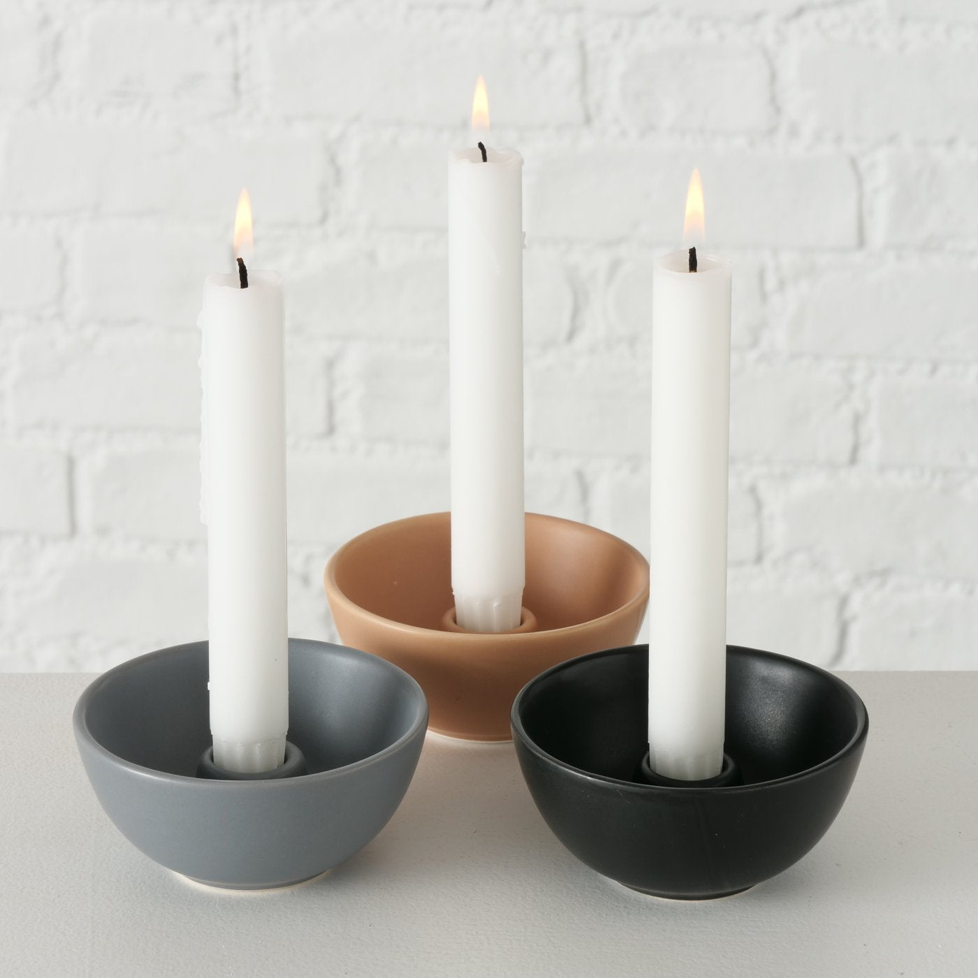 Kerzenleuchter Set "Franyo" aus Steingut in den Farben schwarz, beige und hellgrau