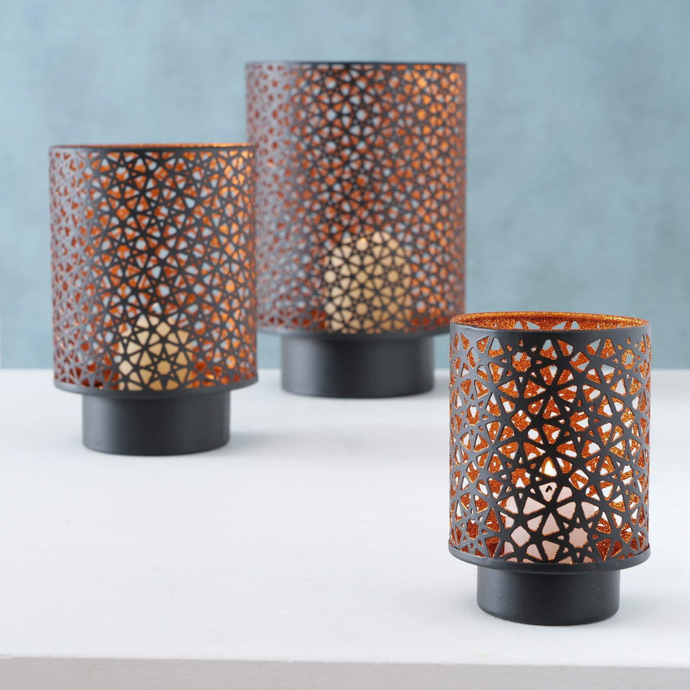 Windlicht - Set "Lyras", 3-teilig, aus Metall, Farbe Kupfer und Schwarz