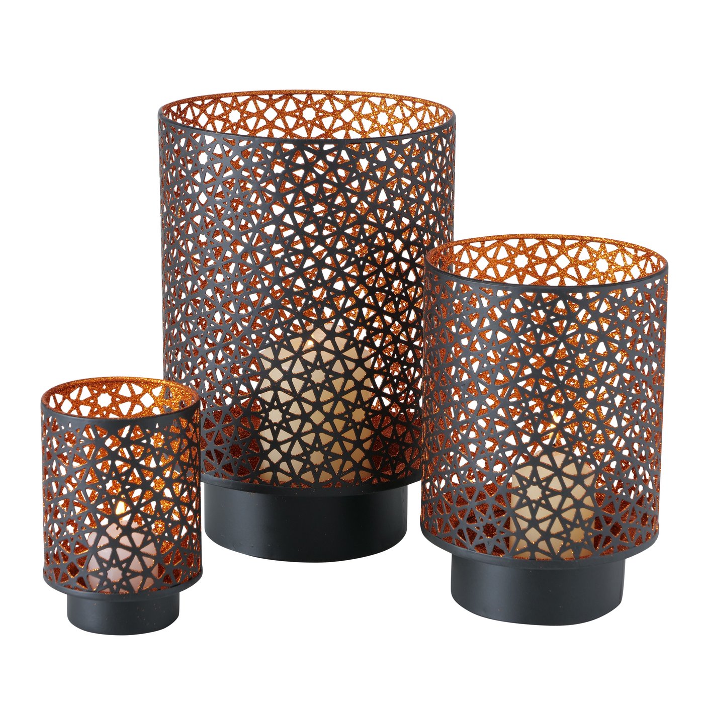 Windlicht - Set "Lyras", 3-teilig, aus Metall, Farbe Kupfer und Schwarz