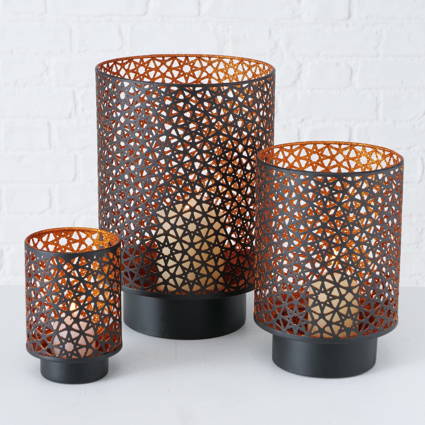 Windlicht - Set "Lyras", 3-teilig, aus Metall, Farbe Kupfer und Schwarz
