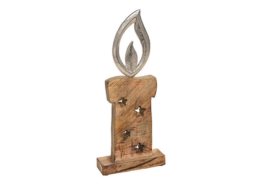 Aufsteller Kerze mit Metall Flamme aus Holz Braun (B/H/T) 16x37x5cm, Weihnachts-und Adventsdeko