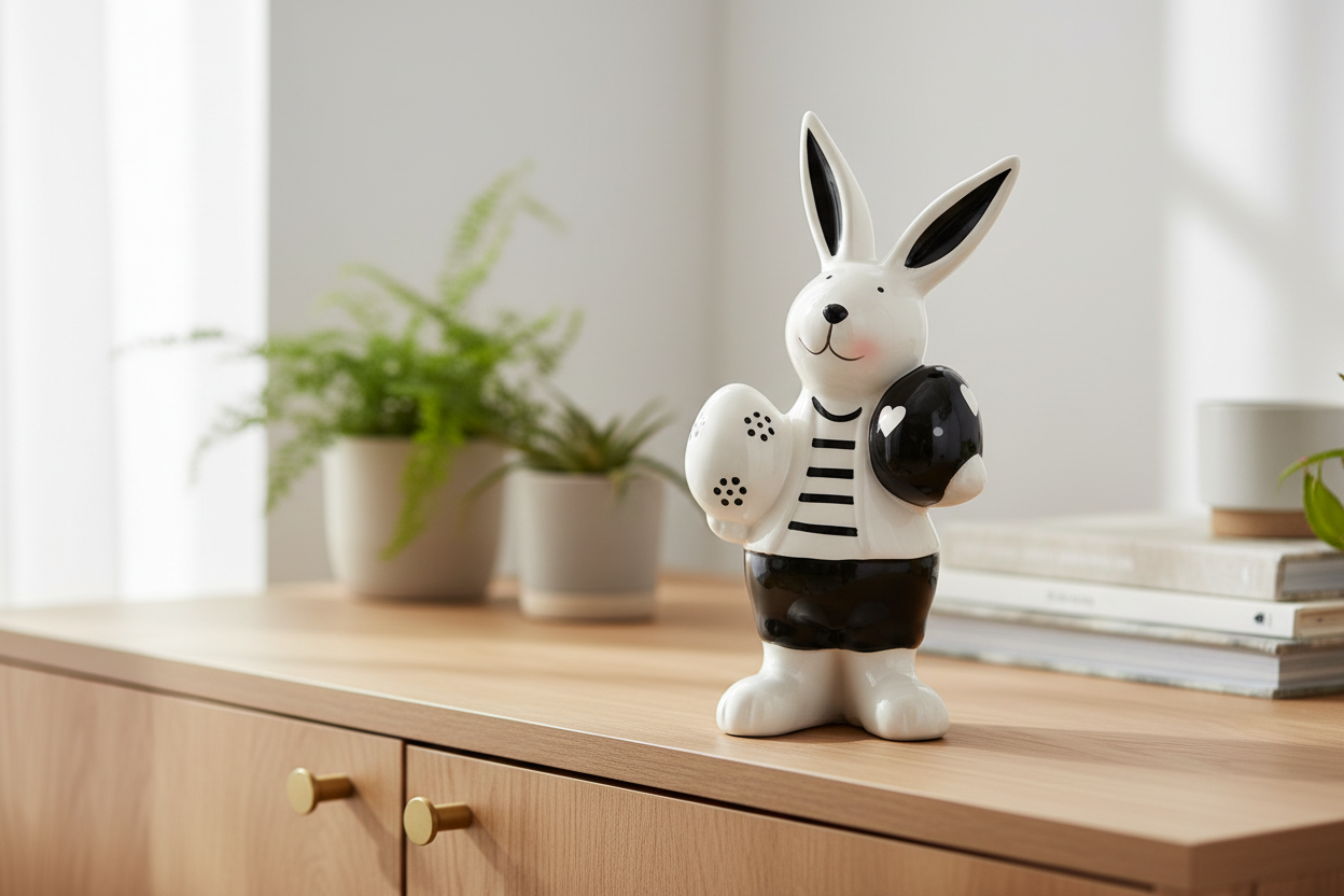 Osterhase "Matteo" mit Eier aus Keramik weiß, schwarz 10x17x5cm