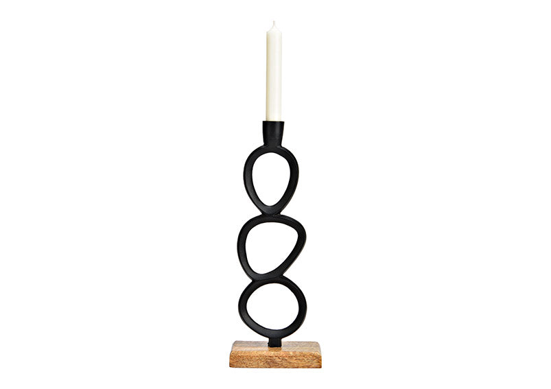 Kerzenhalter auf Mangoholz Sockel aus Metall schwarz (B/H/T) 13x35x8cm