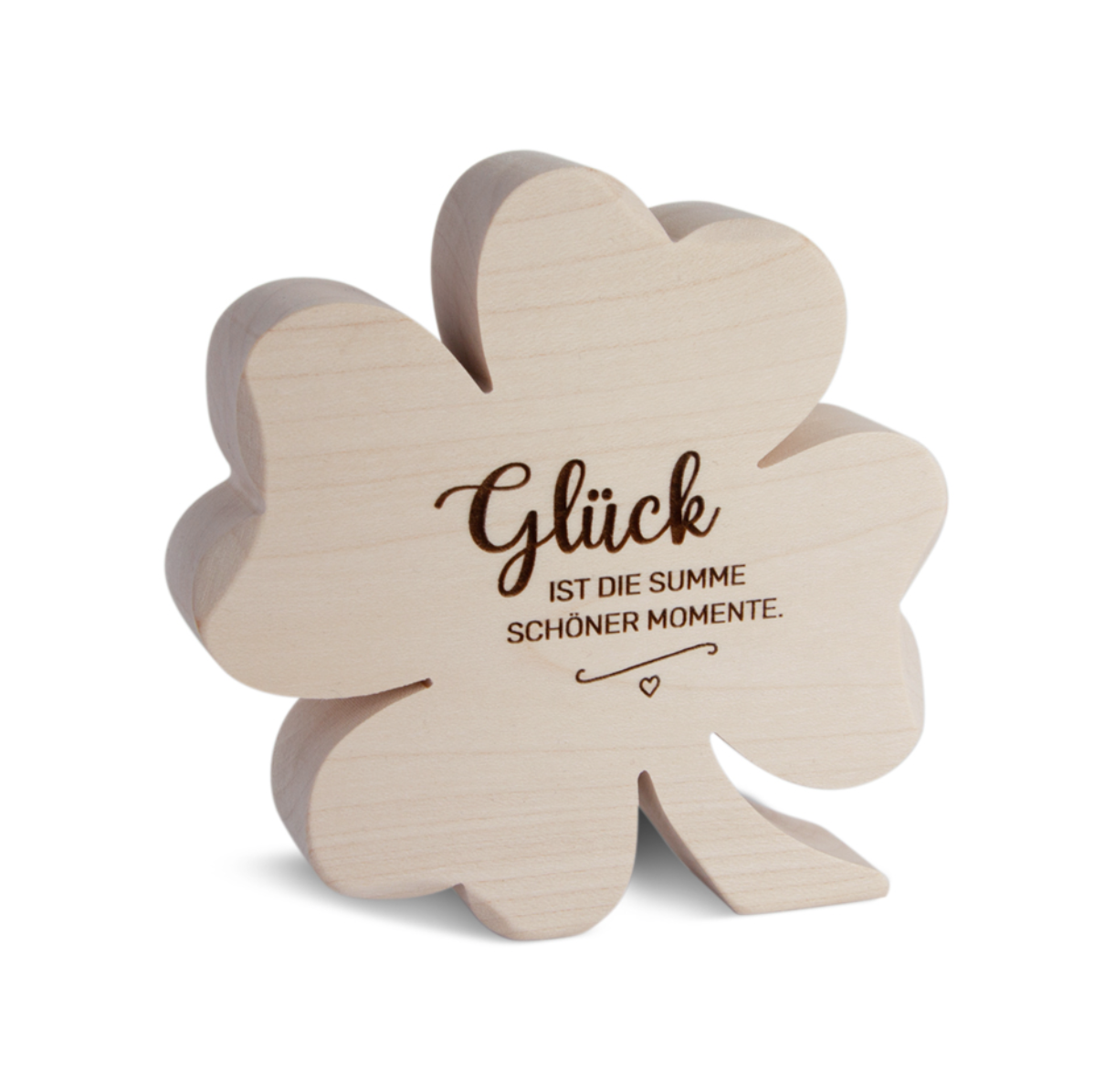 Holzkleeblatt mit Spruch "Glück ist die Summe schöner Momente", H 10cm B 10cm T1,8cm