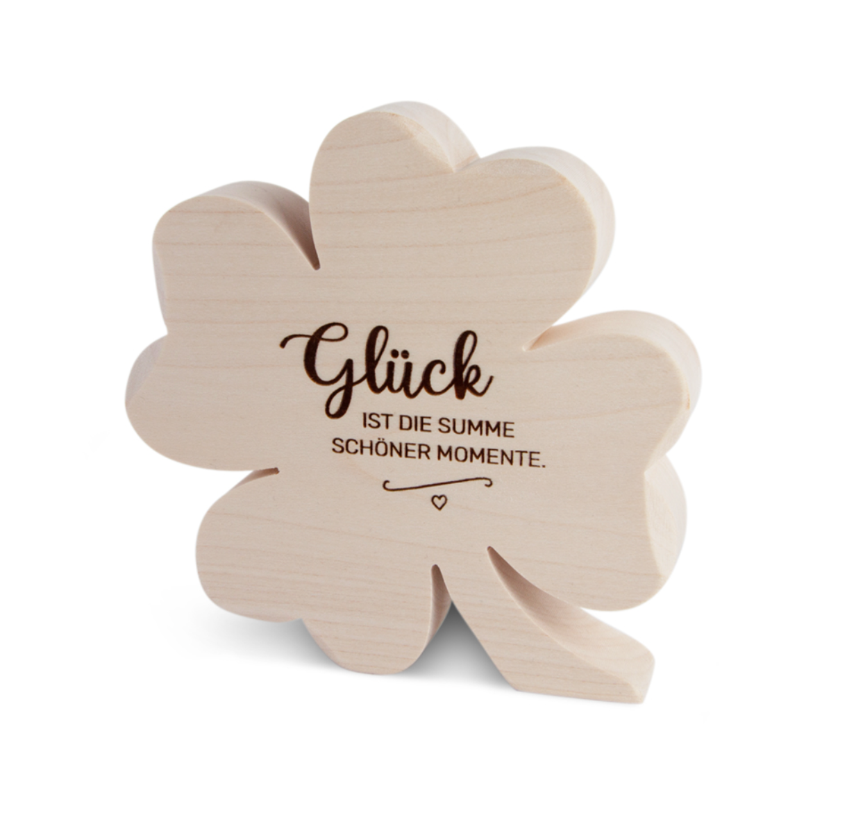 Holzkleeblatt mit Spruch "Glück ist die Summe schöner Momente", H 10cm B 10cm T1,8cm