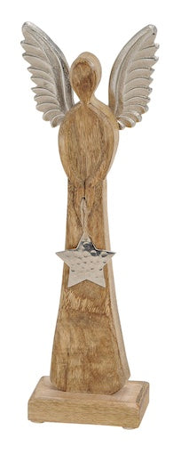 Engel aus Mango Holz mit Metall Flügeln Stern Anhänger Braun, silber (B/H/T) 12x34x6cm