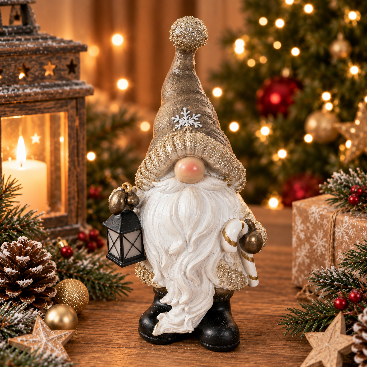 Weihnachtswichtel mit Laterne, weißem Bart und goldener Mütze, 25 cm