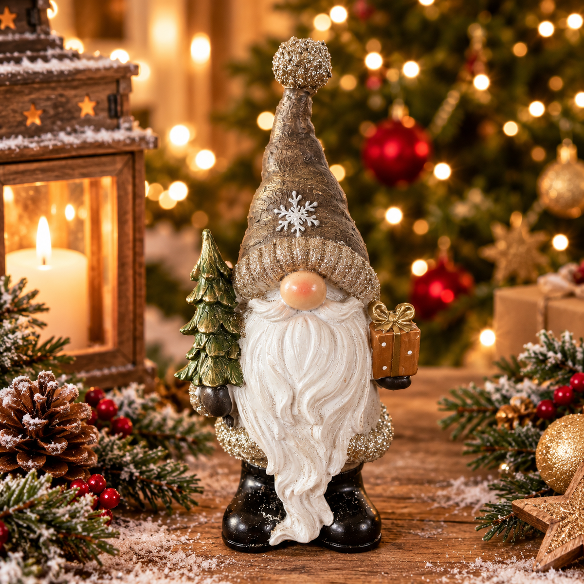 Weihnachtswichtel mit Tannenbaum, weißem Bart und goldener Mütze, 25 cm