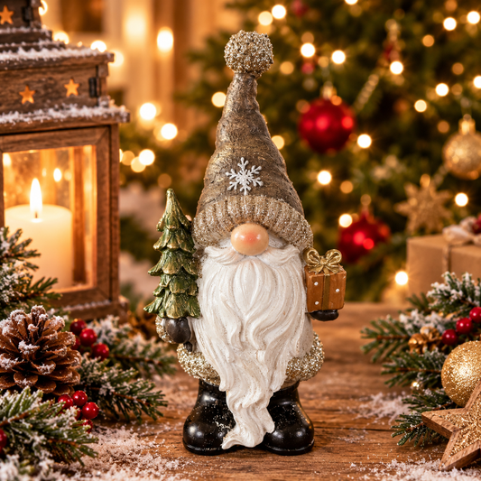 Weihnachtswichtel mit Tannenbaum, weißem Bart und goldener Mütze, 25 cm