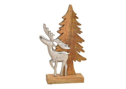 Aufsteller Tannenbaum aus Mangoholz mit Metall Elch, (B/H/T) 15x30x6cm