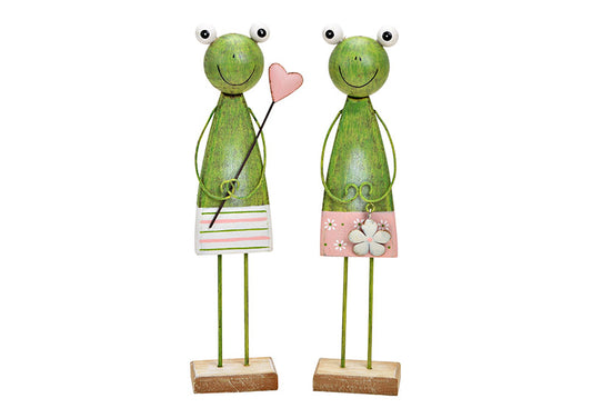 Frosch-Set "Herbert und Lydia" aus Metall auf Holzsockel, Farbe grün, als Set erhältlich, (B/H/T) 6 cm * 27 cm * 4cm