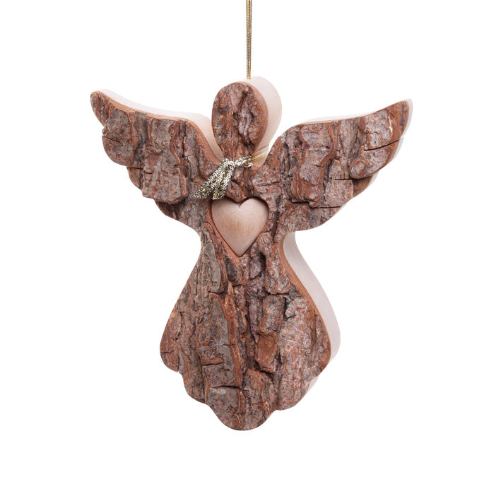 Engel aus Holz mit Rinde verziert, hängend 12 cm,